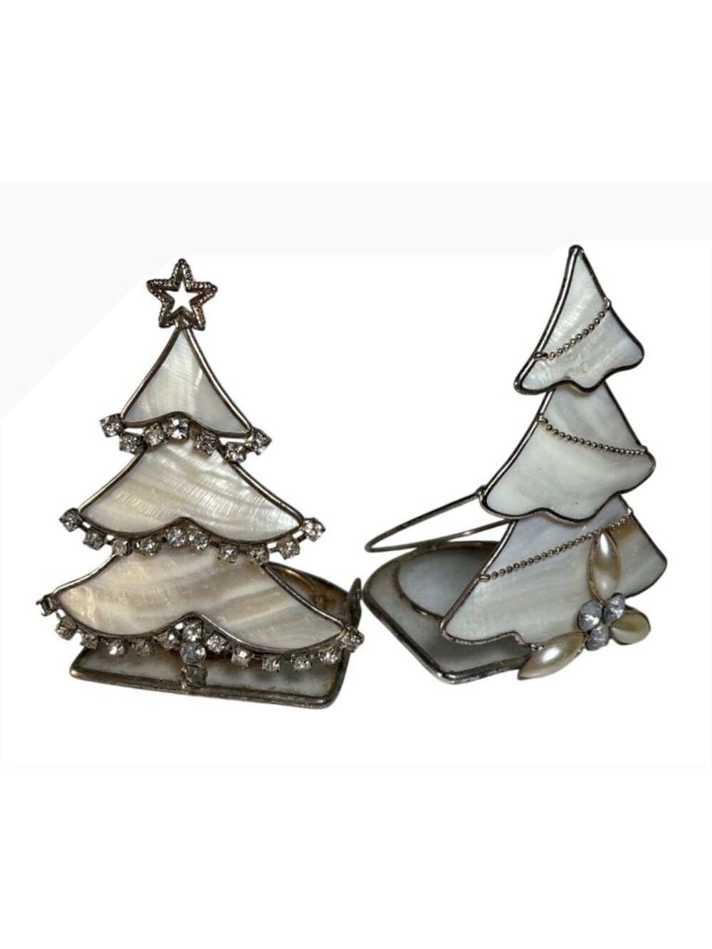 2 White Stained Glass & Rhinestone Christmas Tree Tea Light Candle Holders 4"